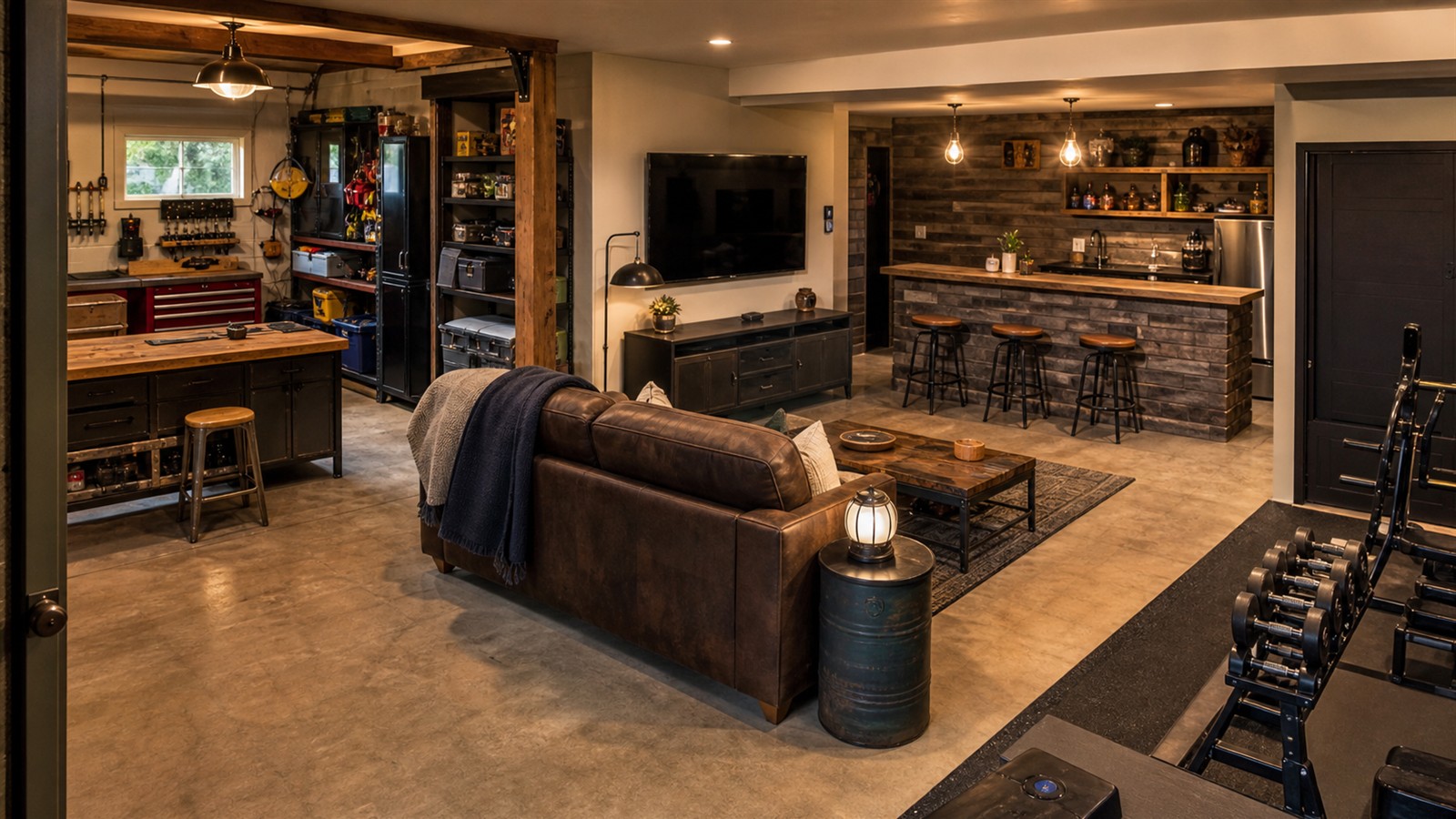 Man cave with practical zones for lounge seating, bar storage, and hobby use