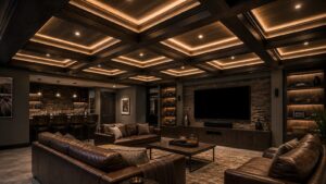 Mancave lounge with coffered ceiling, recessed lighting, beams, and leather seating