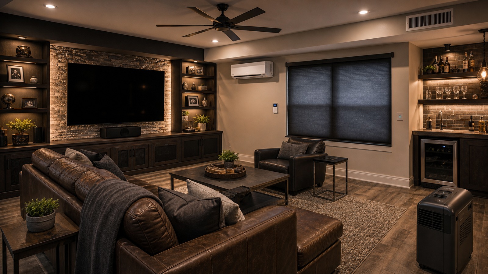 Mancave lounge with discreet mini split, ceiling fan, insulated coverings, media wall, and bar nook