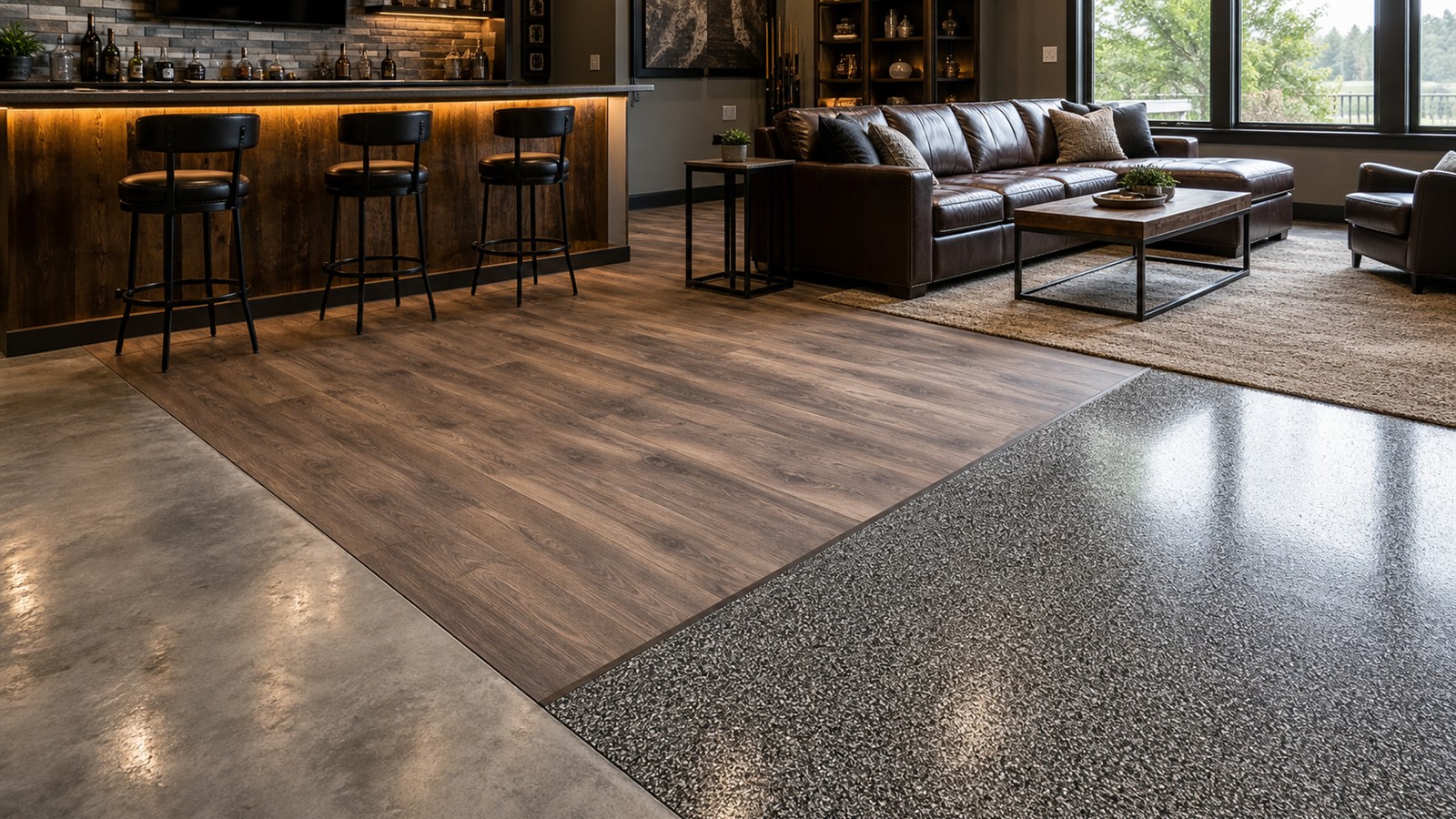 Mancave flooring options with polished concrete, vinyl plank, epoxy, and an area rug near seating
