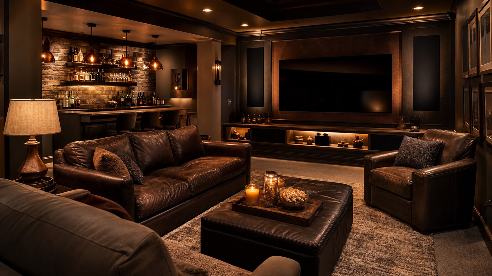 Cozy mancave with warm lamps, pendant lighting, shelf glow, and lounge seating