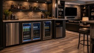Mancave beverage wall with undercounter refrigerator, glass-door cooler, compact fridge, and bar
