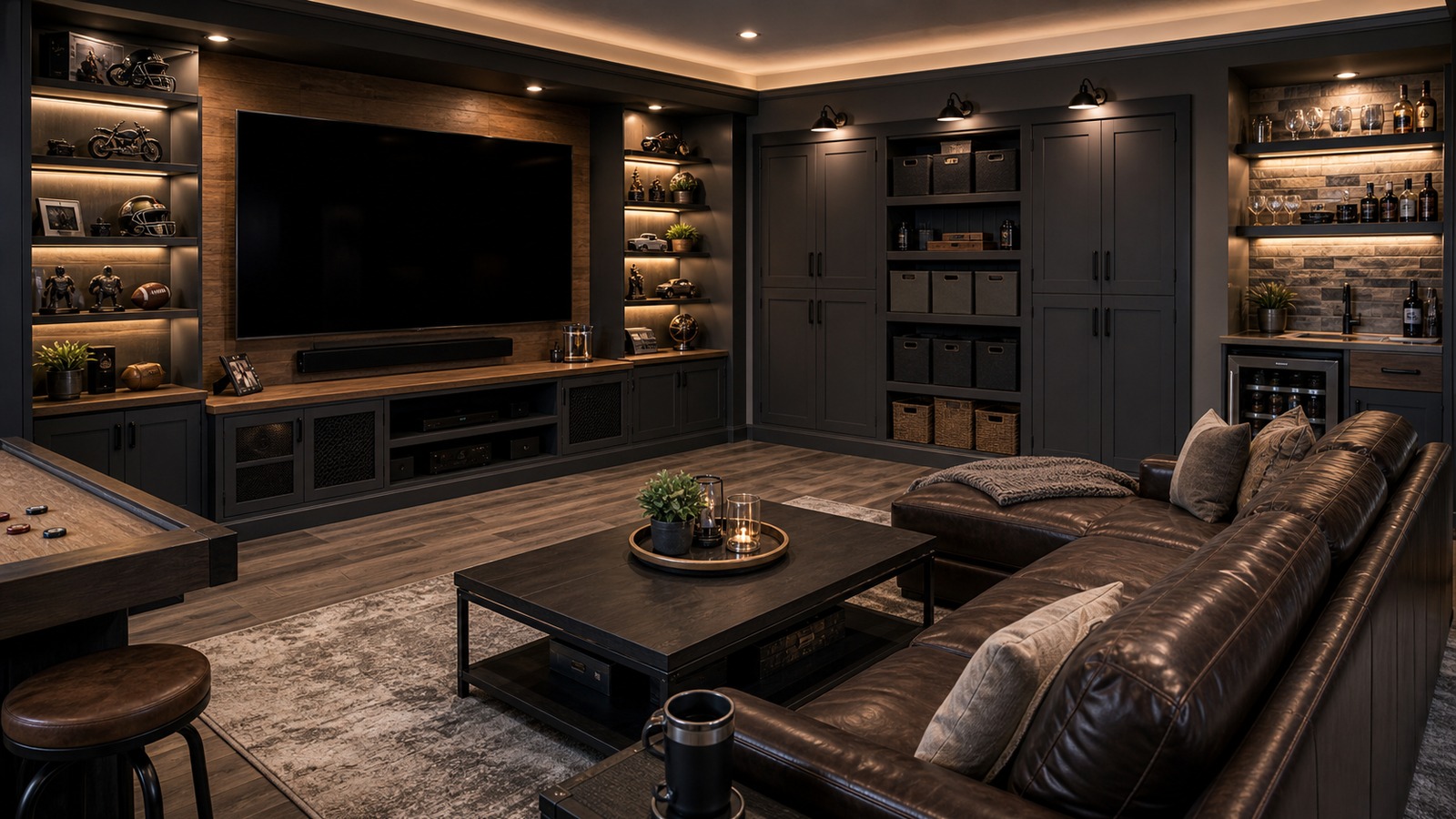 Mancave with hidden storage wall, cabinets, shelves, media console, and clean floor space