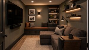 Compact mancave with built-in storage bench, wall-mounted screen, slim shelves, and warm lighting