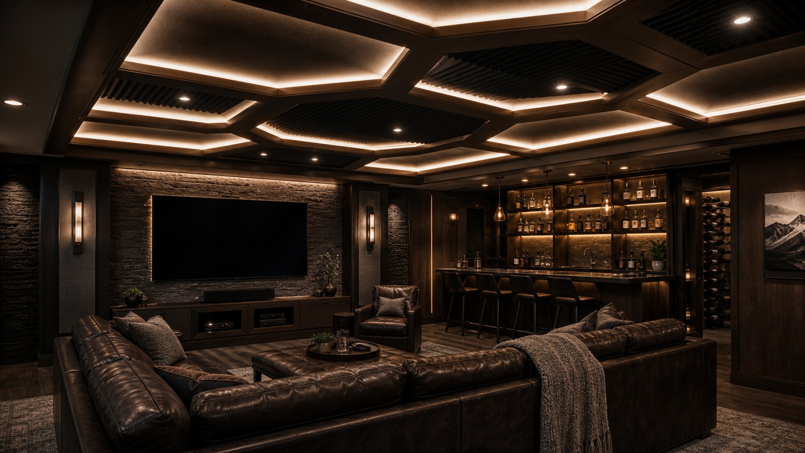 Mancave with geometric ceiling panels, cove lighting, bar glow, and warm lounge seating