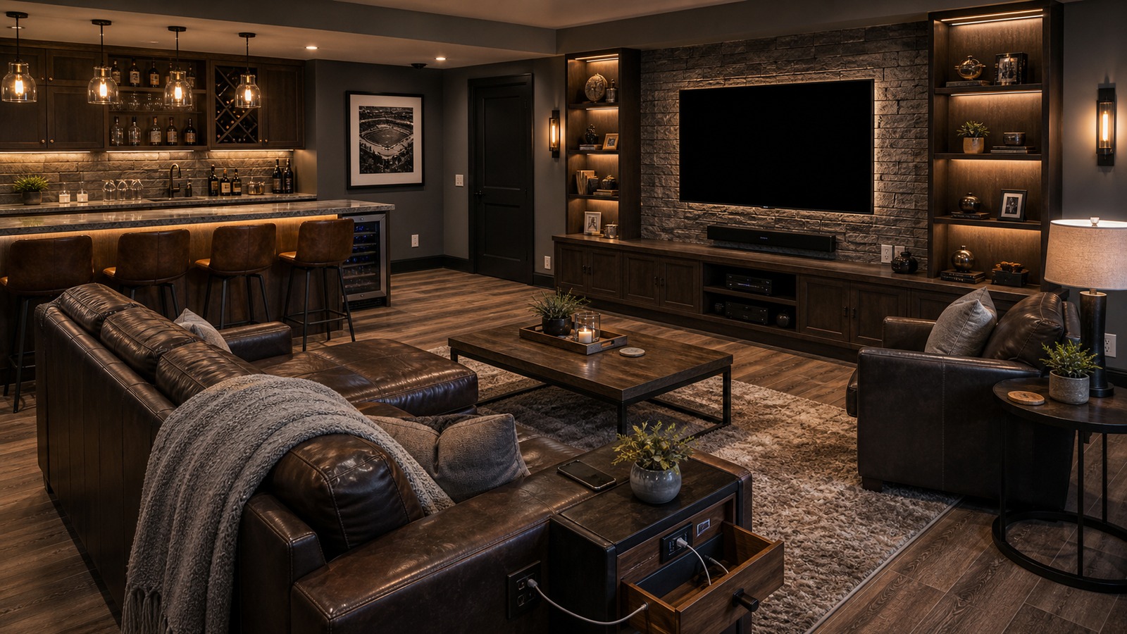 Finished mancave lounge with clean media wall, bar counter, charging drawer, equipment cabinet, and subtle outlets