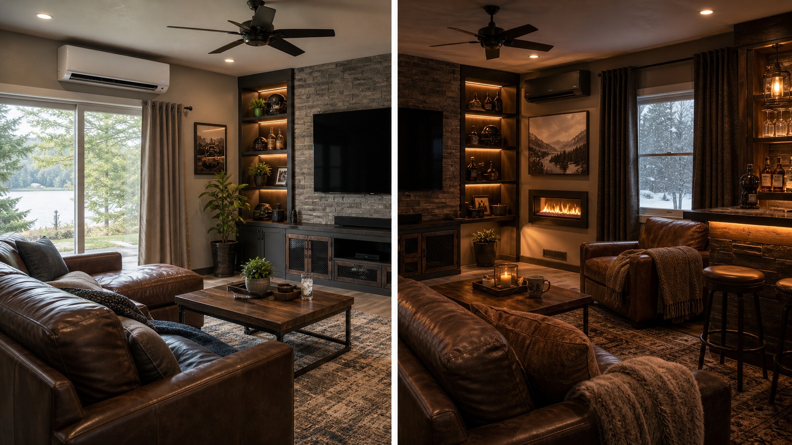 Season-ready mancave with mini split, ceiling fan, insulated curtains, rug, heater feature, and bar corner