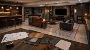 Mancave planning scene with layout tape, sample boards, media wall, storage, seating, and bar placement