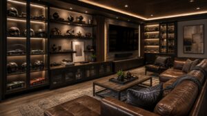 Mancave display wall with glass cabinets, shelves, unbranded objects, accent lighting, and seating