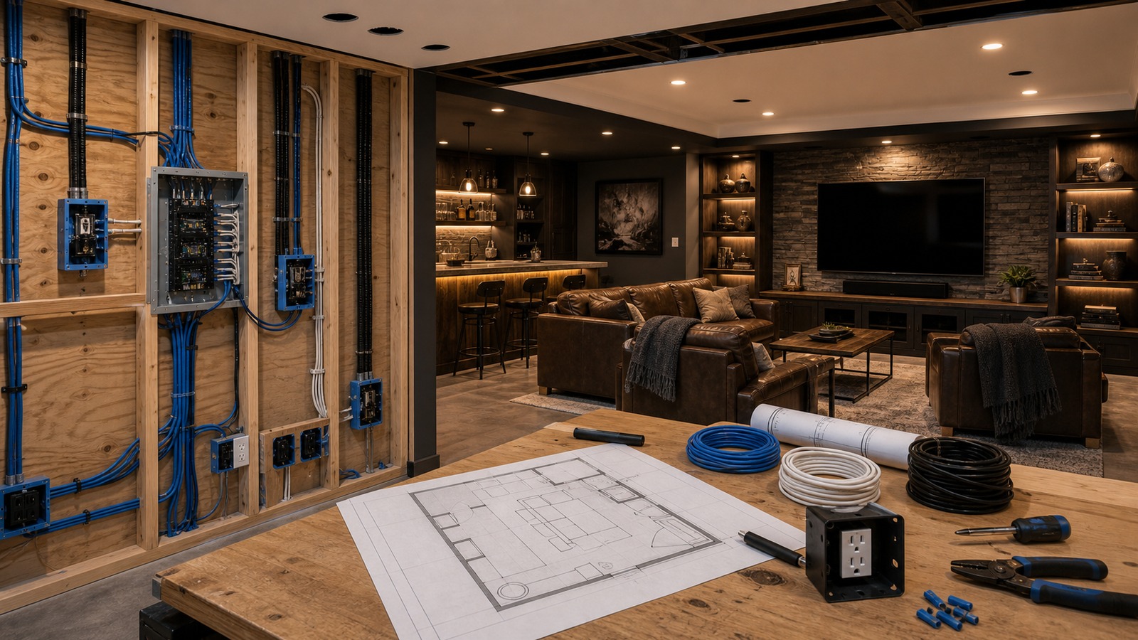 Mancave power planning scene with open planning wall, organized cable paths, equipment, and finished lounge
