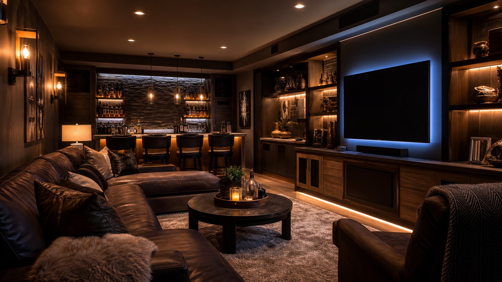 Layered mancave lighting with bar glow, shelf lights, and comfortable seating