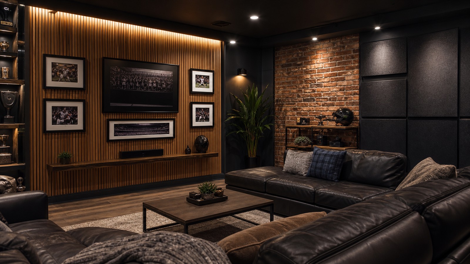 Mancave with wood slat wall, exposed brick, acoustic panels, and warm accent lighting