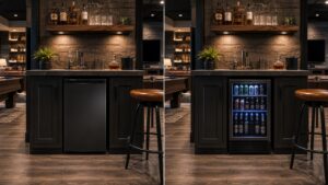 Mancave bar comparing compact mini fridge and glass-door beverage cooler