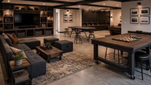 Adaptable mancave with modular seating, movable storage, folding table, and media wall