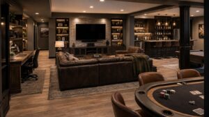 Multi-purpose mancave with TV lounge, compact bar, work surface, storage wall, and game table