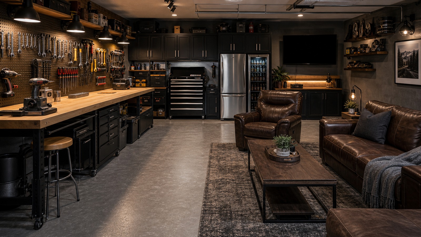 Garage mancave workshop with workbench, tool wall, lounge chair, storage cabinets, durable floor, and task lighting