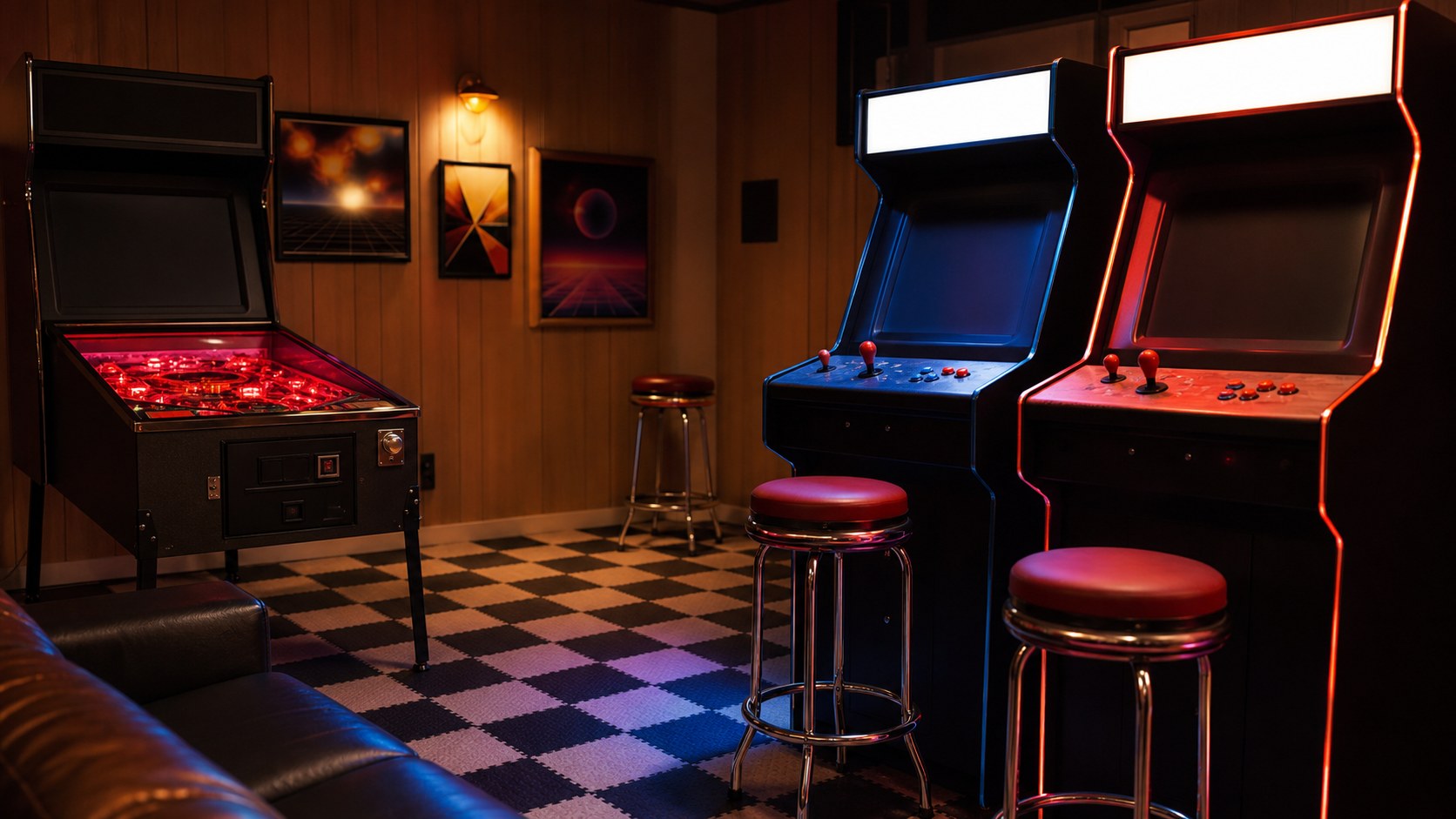 Editorial photo of a nostalgic home arcade mancave with blank arcade cabinet marquees, abstract game glow, pinball-style machine, checkered rubber floor, stools, and wood-paneled wall, no text or logos