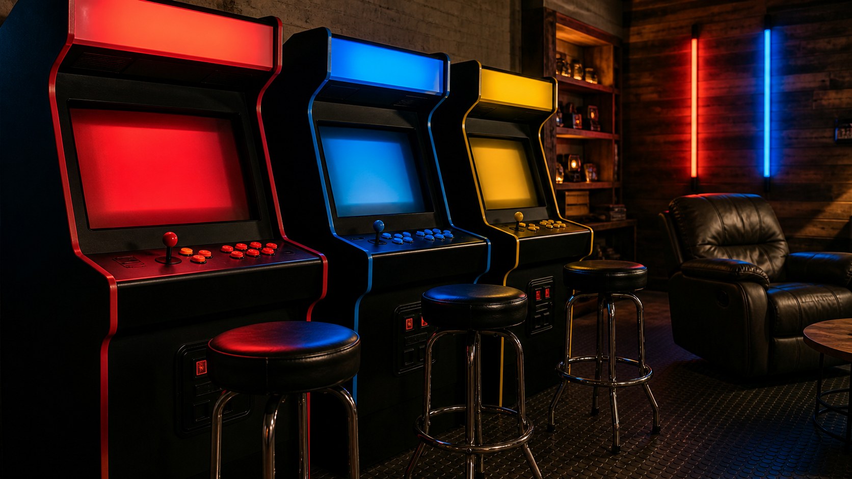 Editorial photo of a mancave arcade row with blank solid-color cabinet marquees, abstract glow screens, stools, rubber flooring, colored tube lights, and lounge chair, no text or logos