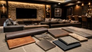 Editorial photo of a durable mancave with sealed concrete floor, wood slat wall, leather seating, matte metal shelves, and performance surfaces, no text or logos