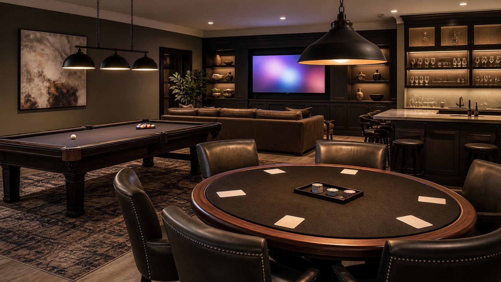 Editorial photo of a versatile mancave game room with pool table, round card table, abstract TV glow, lounge seating, closed cabinets, and plain glassware, no text or logos