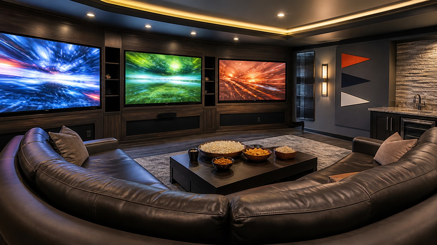 Editorial photo of a multi-screen sports viewing mancave with three abstract motion screens, curved seating, snack table, acoustic panels, bar sink, and blank pennant shapes, no text or logos