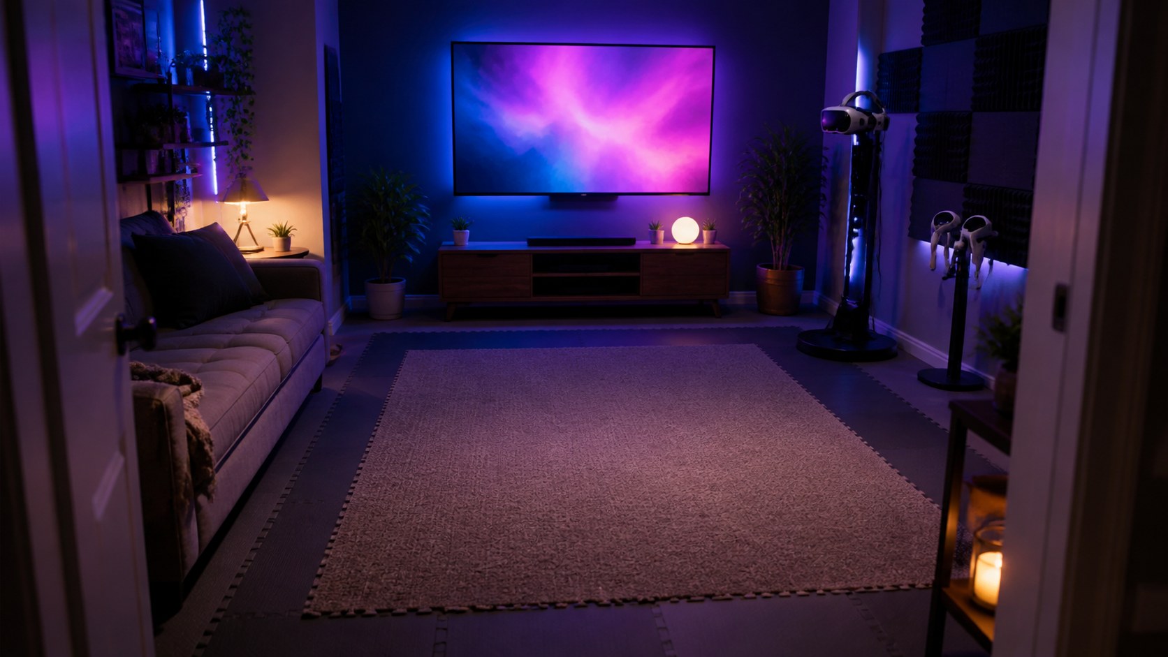 Editorial photo of a compact VR mancave with open center zone, cushioned rug, headset stand, controller dock, wood console, couch, and abstract ambient screen, no text or logos