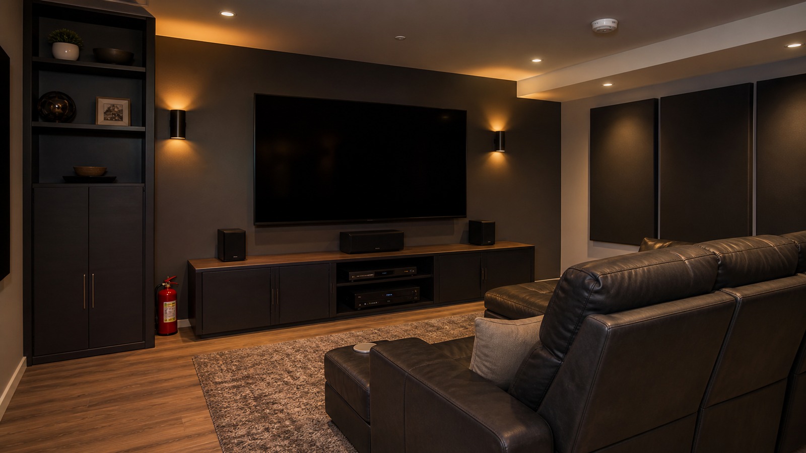 Editorial photo of a refined mancave corner with discreet fire extinguisher, smoke detector, cable management, first aid cabinet, and clean entertainment seating, no text or labels