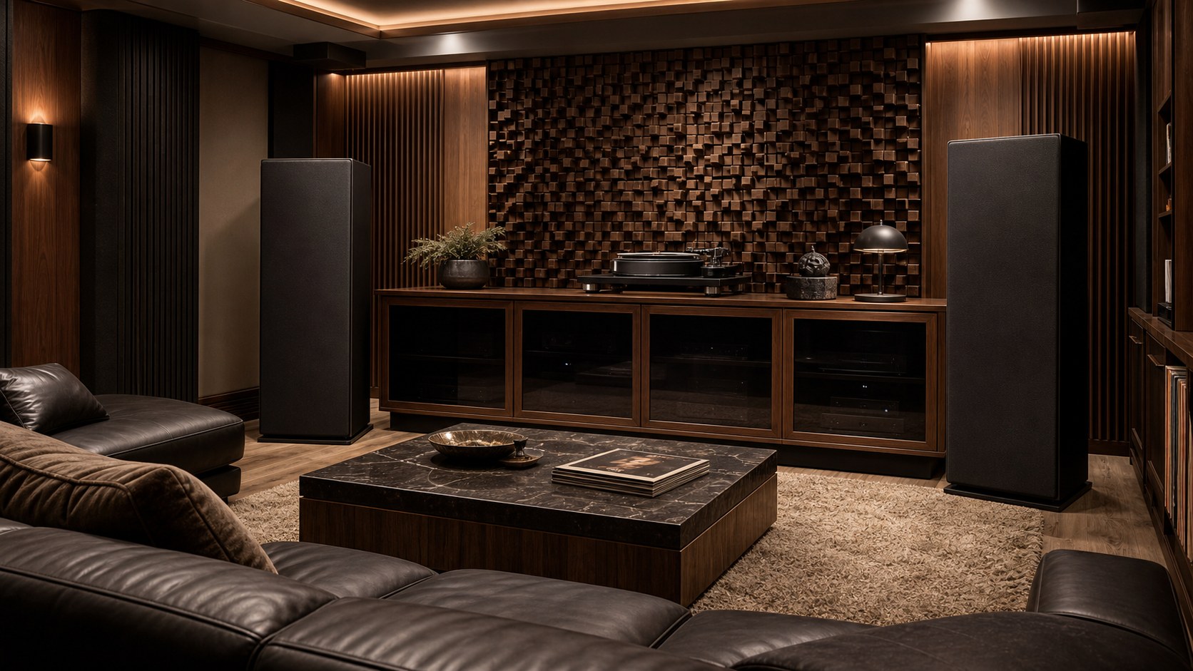 Editorial photo of a high-end music listening mancave with plain fabric speakers, smoked-glass audio cabinet, turntable, acoustic diffusers, leather seating, and walnut cabinetry, no text or logos