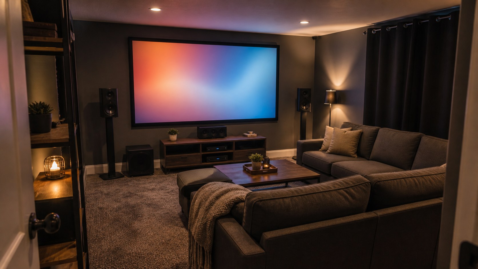 Editorial photo of an approachable basement mancave theater with compact sectional seating, simple speaker stands, blackout curtains, warm lamps, and abstract screen glow, no text or logos