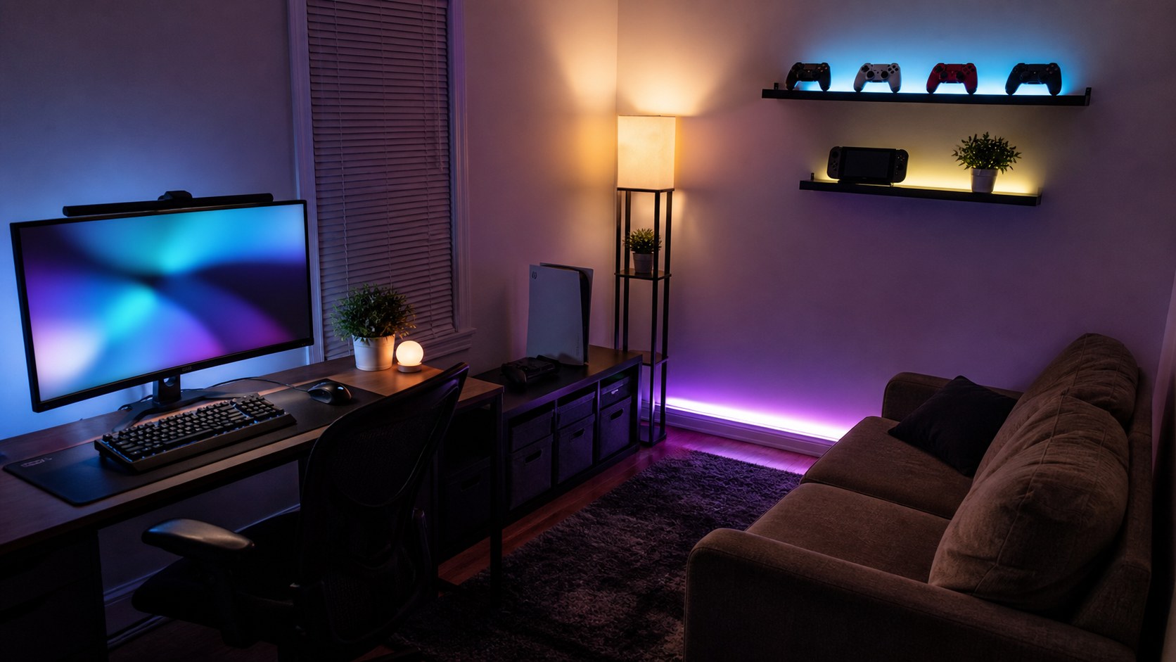 Editorial photo of an affordable spare-room gaming mancave with simple desk, couch, console shelf, diffused accent lighting, storage bins, and abstract monitor glow, no text or logos