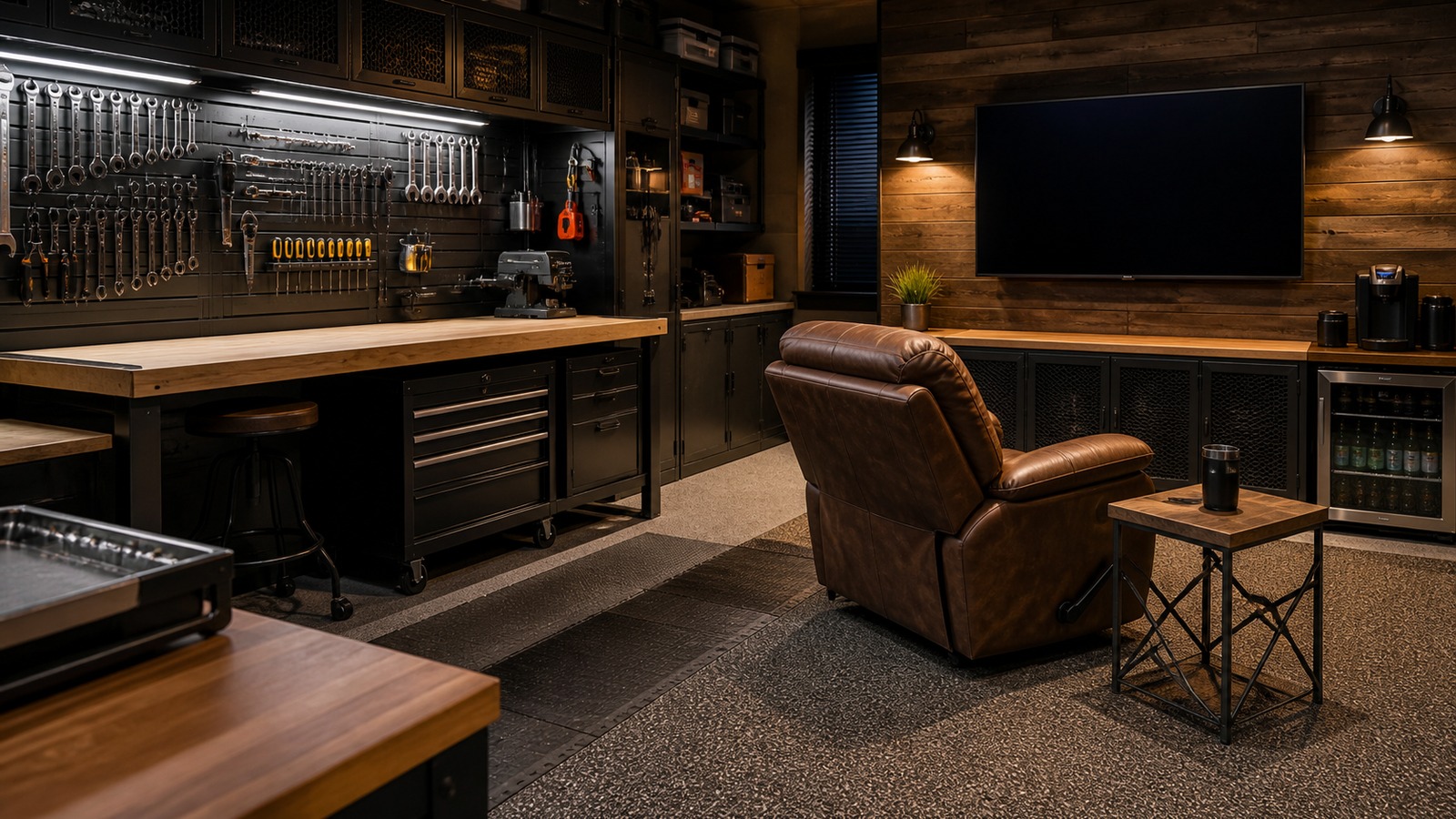 Editorial photo of an organized workshop mancave with a sturdy workbench, tool wall, comfortable leather chair, warm task lighting, sealed concrete floor, and clean storage, no readable labels or text