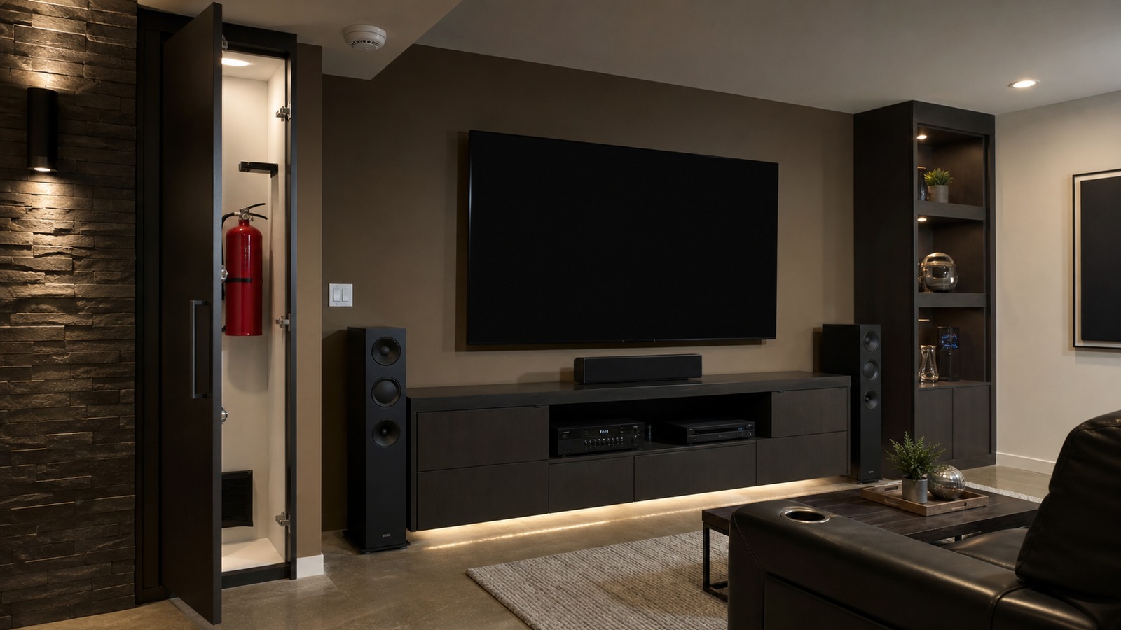 Editorial photo of a mancave media wall with careful cable routing, safe electronics spacing, fire safety equipment, warm lighting, and uncluttered surfaces, no readable markings