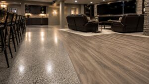 Editorial photo of a mancave floor installation with durable dark luxury vinyl or sealed concrete, heavy furniture, entertainment seating, and clean walkways, no text or logos