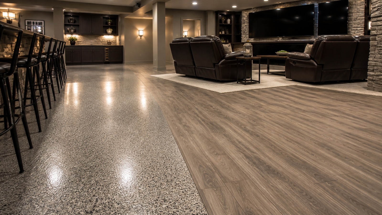 Editorial photo of a mancave floor installation with durable dark luxury vinyl or sealed concrete, heavy furniture, entertainment seating, and clean walkways, no text or logos