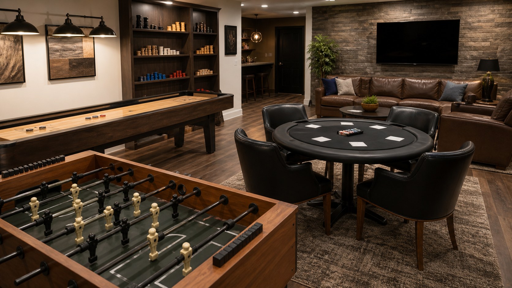 Editorial photo of a mancave table-game layout with foosball, shuffleboard, compact poker table, plain game pieces, leather seating, and clear walkways, no text or logos
