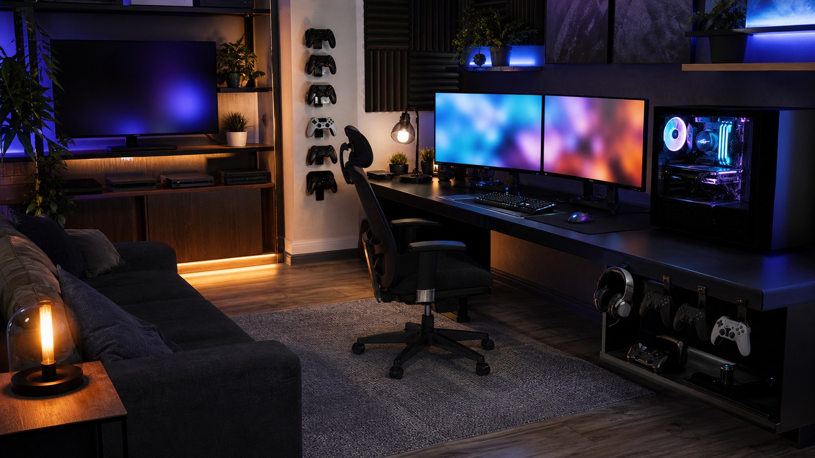 Editorial photo of a modern gaming mancave with PC desk, console shelf, dual monitors showing abstract blur, controller storage, couch, acoustic panels, and tidy cables, no readable UI or brands