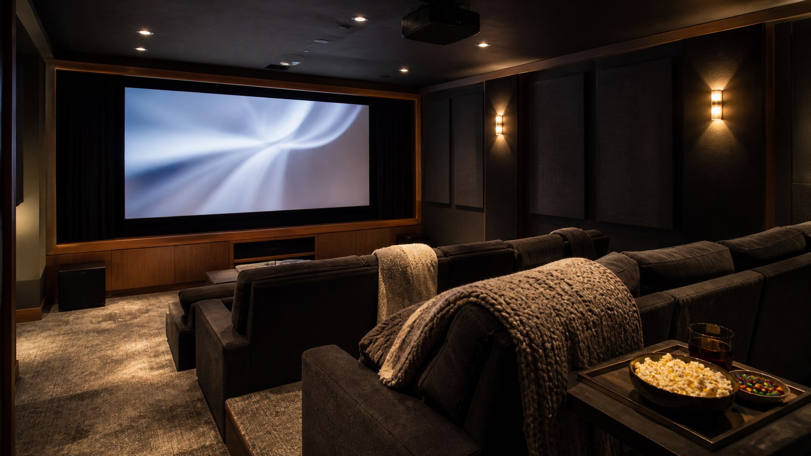 Editorial photo of a polished dedicated mancave home theater with tiered seating, acoustic panels, warm sconces, projection screen with abstract light only, and snack table, no readable text