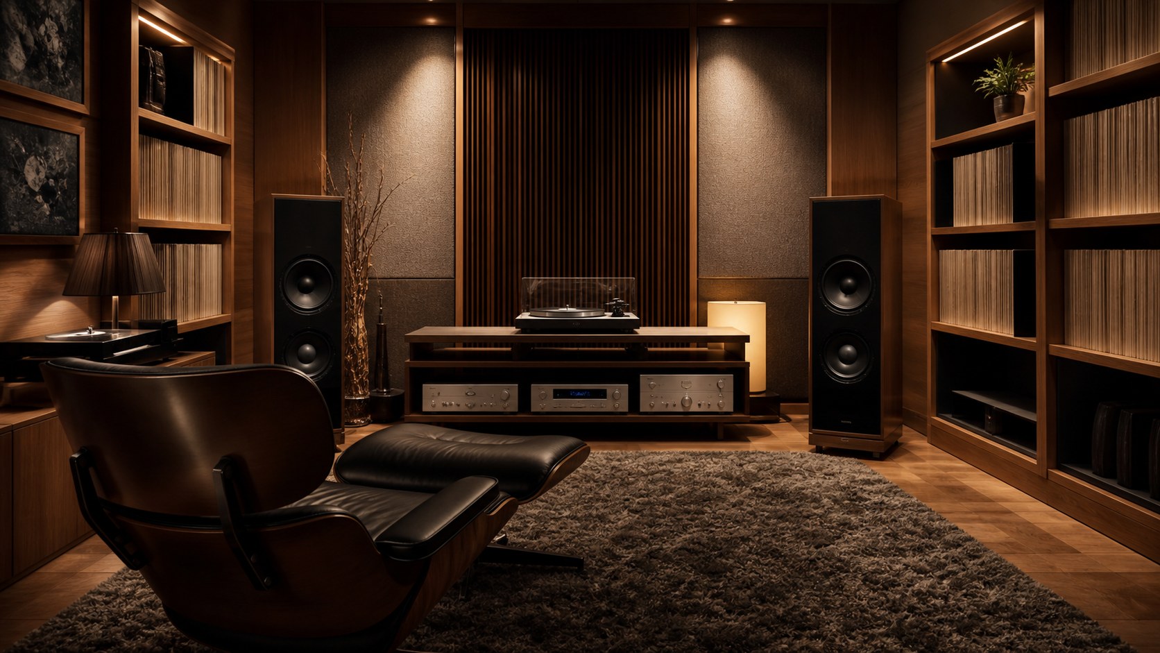 Editorial photo of a dedicated music listening mancave with lounge chair, stereo speakers, turntable, blank record shelves, acoustic panels, thick rug, and warm wood walls, no text or logos
