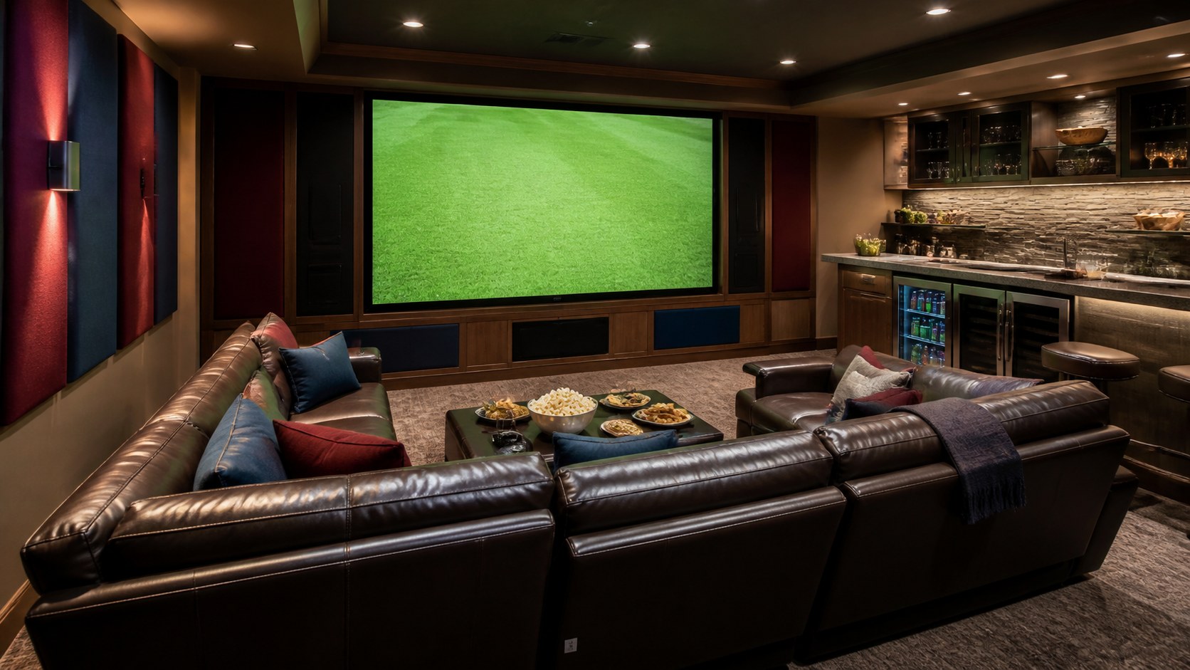 Editorial photo of a sports mancave with large TV wall showing abstract green field color, sectional seating, snack counter, beverage fridge, blank color decor, and acoustic panels, no text or logos