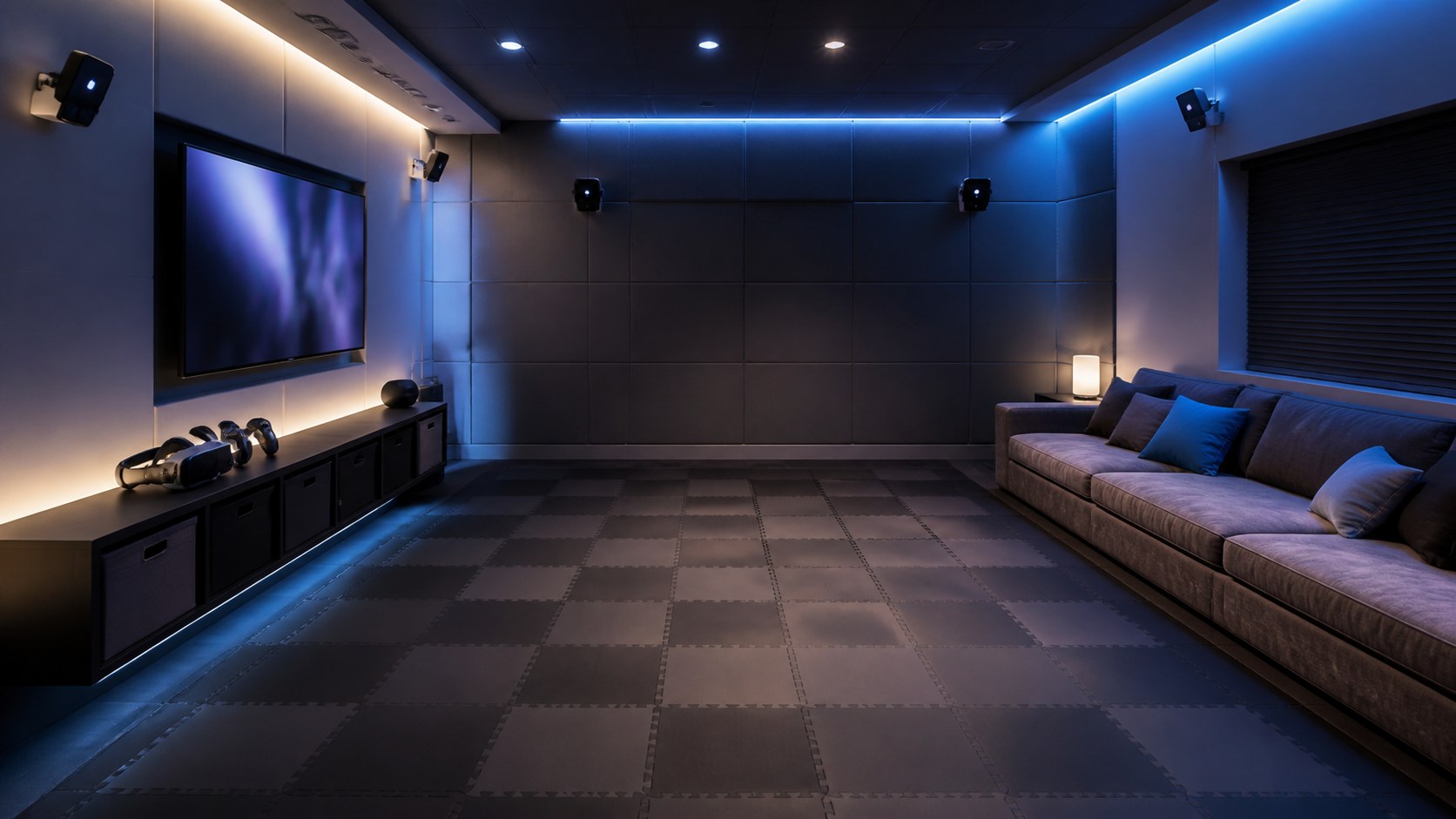 Editorial photo of a spacious VR mancave with open padded play area, wall sensors, headset and controllers on a charging shelf, couch, acoustic panels, and abstract monitor glow, no text or logos