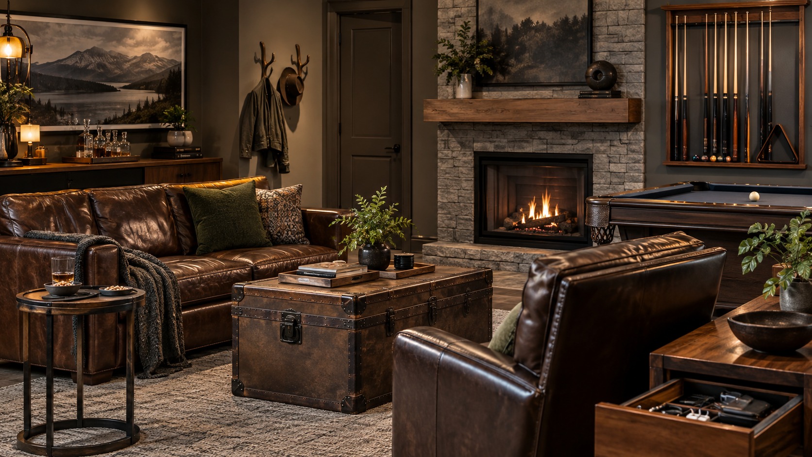Editorial mancave interior for functional mancave artifacts that combine style and practicality